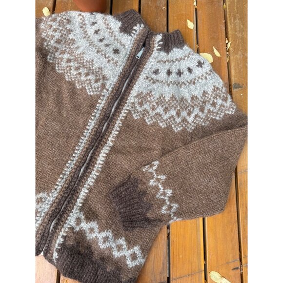 70s Icelandic Wool Lopapeysa Hand Made Lopi Cardigan Nordic Fair Isle Brown Ivor - Picture 2 of 9